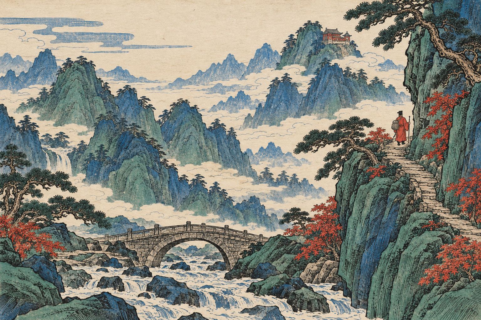 A woodblock-style landscape: mist-banded mountains, a stone bridge over a stream, and a lone scholar on a cliff path toward a temple in the clouds.
